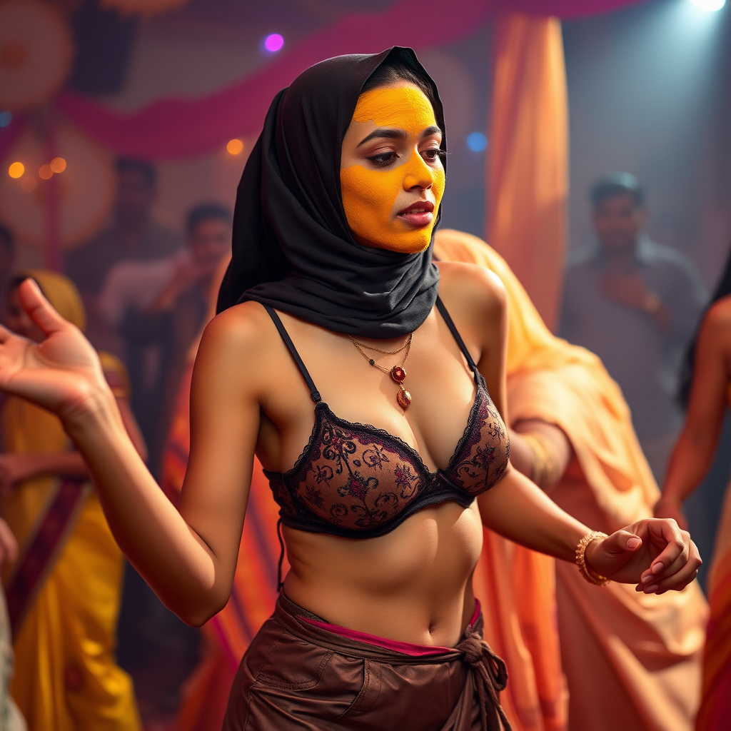 A skinny, 30 year old indian wife with hijab, wearing a bra and skirt. Her face is covered with turmeric face mask. She is dancing in a party.