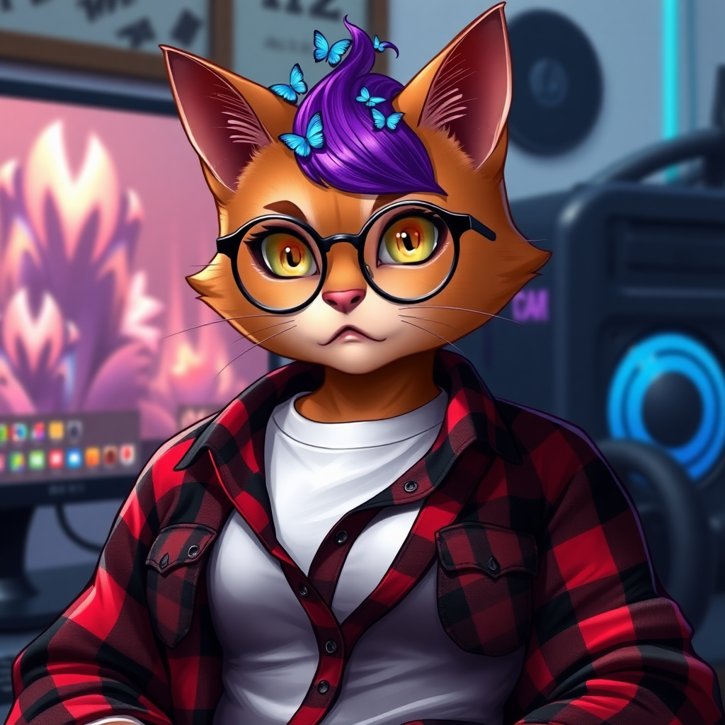 female cat-man with a flat chest serious chestnut color with small blue butterflies on top of the head, a round head, with a purple UNDERCUT haircut, hazel eyes, dimples on the cheeks, chubby cheeks, with semi-round glasses, a red and black checkered shirt open with a white t-shirt, in front of a gaming PC, in digital art