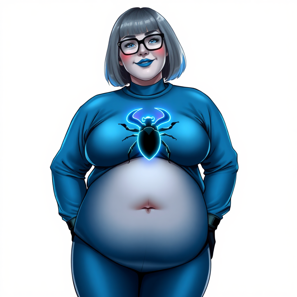 A 28-year-old, full-figured, middle gray metal skinned computer program-human hybrid with a maximum blue bob cut. She has an obvious non-athletic build. She is the digital sidekick, computer hacker, and nerdy girlfriend of her cyberpunk vigilante boyfriend. Her middle gray metallic skin, distinct from any other character, highlights her digital nature. She wears maximum blue lipstick and has bright blue eyes. Her outfit includes an oversized, loose-fitting, digital, computerized, maximum blue full bodysuit (accentuating her non-athletic figure) with a neon blue glowing chest icon of a beetle on its chest and black gloves. Black eyeglasses accentuate her nerdiness, and she has a lovestruck smile with neon red blush. Her non-athletic full figure consists of a prominent, gargantuan, round midsection (with the full emphasis on her round gargantuan belly), gigantic limbs, and broad shoulders, reflecting the doting care of her vigilante boyfriend. She has a bashful pose with her hands behind her back on a solid white background. She is drawn as if she was in a retro 2D cyberpunk fighting game. Ensure her bodysuit covers all her bare skin (especially her prominent round gargantuan belly). Her oversized loose-fitting full bodysuit is influenced by Watchmen's Silk Spectre II. She is clearly non-athletic, with emphasis on her full-figured and pudgy physique.