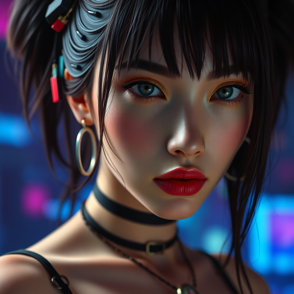 Real detailed full body photo of Sexy cyberpunk waifu, real life, “slut” written in lipstick on her forehead