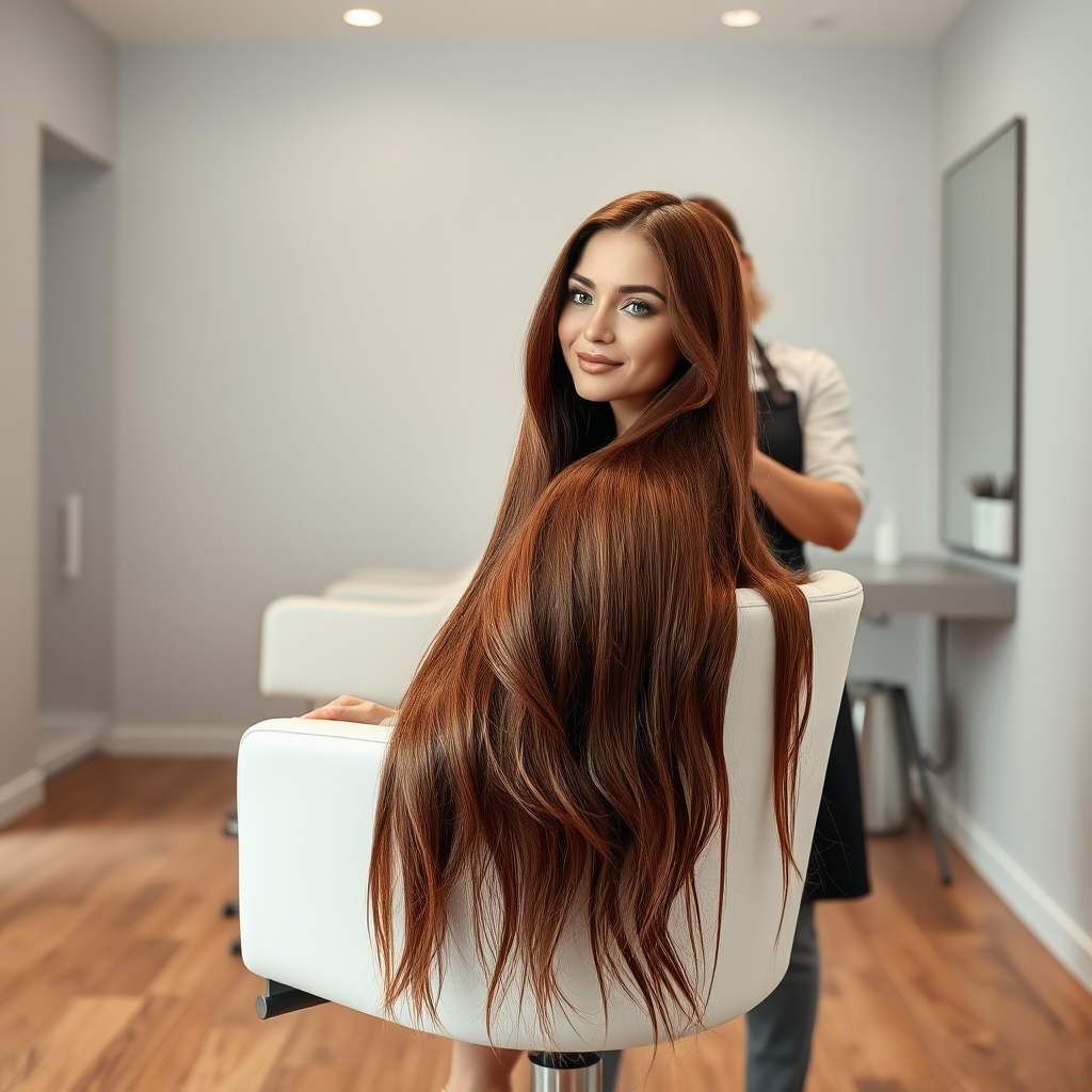 In a sleek, minimalist salon adorned with soft, muted tones and clean lines, a stunning woman sits gracefully in a plush white salon chair. Her hair, a cascade of shimmering, chestnut locks that flow to her waist, reflects the gentle overhead lighting, creating a halo effect around her. The atmosphere is calm and serene, enhanced by the subtle scent of lavender and freshly washed hair products lingering in the air.

As she leans back slightly, the skilled stylist, clad in a crisp black apron, methodically sections her hair, the scissors glinting in the soft light. Each precise snip resonates softly, a comforting rhythm in the otherwise quiet space. The woman’s deep emerald eyes are filled with anticipation, reflecting a mix of excitement and nervousness as she watches her long tresses fall gracefully to the polished oak floor, each lock a testament to change.

The plain light gray background serves as a soothing canvas, emphasizing the transformation taking place. The faint sound of gentle music plays in the background, mingling with the soft hum of salon equipment, creating an atmosphere of tranquility. As the stylist continues, a warm smile spreads across the woman's face, revealing a sense of liberation and renewal, embodying beauty and confidence in this peaceful haven of self-care.