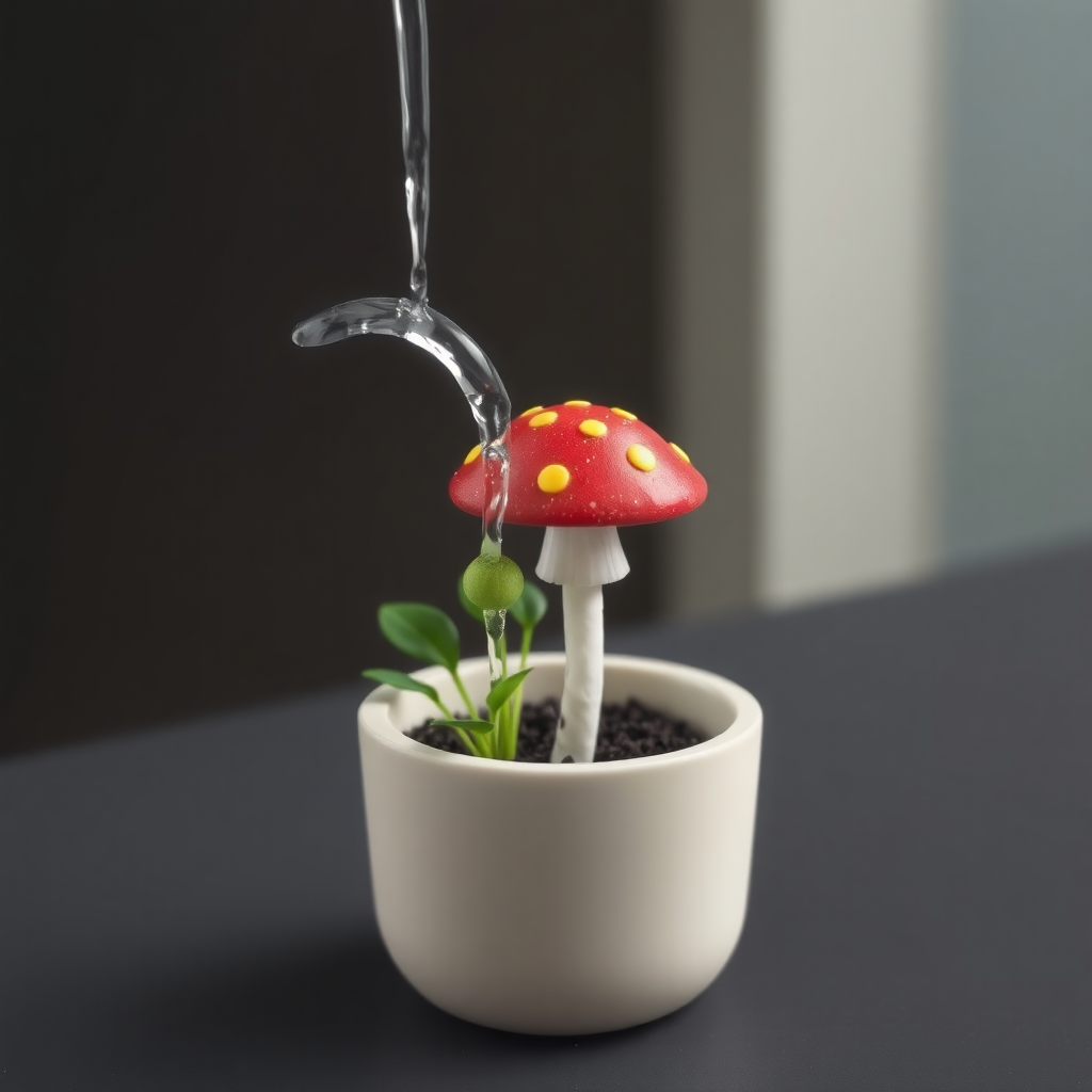 Here's the prompt you can use for your Flux image generator:

"A small mushroom-like structure inserted into a plant pot. The mushroom head has red with yellow spots. Water flows through a thin pipe from a hidden water tank below the pot, through the pot, and into the mushroom, evenly watering the plant's soil. The water tank holds 2-5 liters and the system is compact, minimalistic, and designed for small indoor plants. The overall design is clean and functional, with the mushroom dispersing water across the plant efficiently."

Feel free to adjust any details based on the capabilities of your generator!