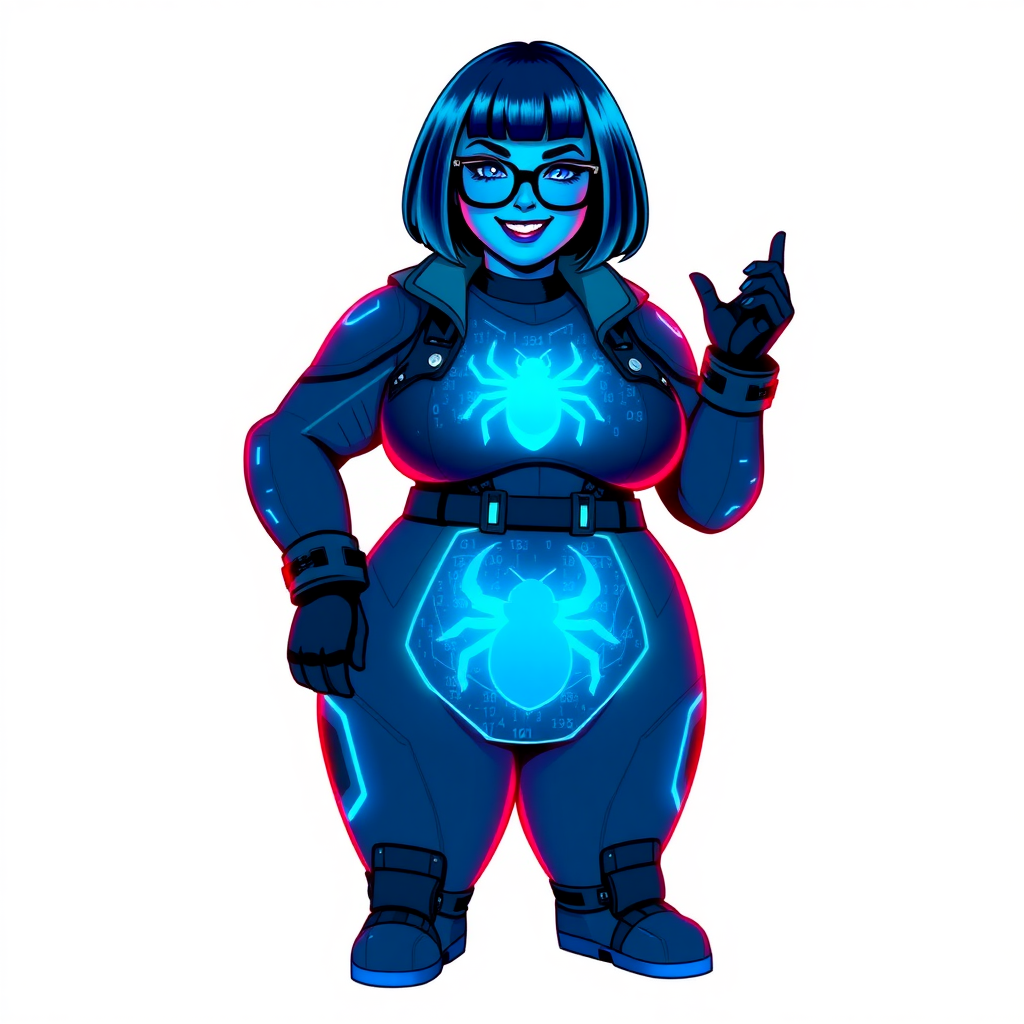 A full-figured 29-year-old computer science major, now transformed into a full-figured, maximum blue skinned nerdy digital sidekick for a cyberpunk vigilante, with maximum blue skin. Her bob cut seamlessly blends with her skin, forming part of her data, and her neon blue eyes glow intensely. Her full figure is defined by a prominent, round, wrecking ball-sized midsection, sequoia-sized limbs, and broad shoulders. As a loyal and supportive sidekick, she plays a crucial role in their missions, using her digital skills to assist and protect.

She wears a digital, computerized biker suit that blend with her hair and skin (appearing to merge together as computer data), featuring a maximum blue coloration and a neon blue glowing beetle chest icon, along with matching high-tech gloves. She bashfully giggles with a neon red blush, emitting neon blue data cubes from her body, set against a solid white background. Heavily pampered by her doting boyfriend, her full figure clearly shows this care. She has the ability to hack into computers and machines, and her nerdiness is blatantly obvious with her black oversized eyeglasses. Her full figure (especially her wrecking ball-sized midsection) is prominently displayed and heavily emphasized. Her outfit is influenced by DC’s Jennifer Knight Phantom Lady but remains distinct. She is drawn as if she was in a retro 2D cyberpunk fighting game. Ensure her skin tone is distinct from Inside Out's Sadness from any other character. Her proportions are bloated to emphasize her full figure.