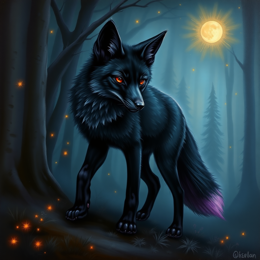 A detailed and intricate oil painting of a black fox with deep purple eyes and tail tip, the fox is walking through a misty dark forest at night with fireflies, stars, trees, fog, and more.