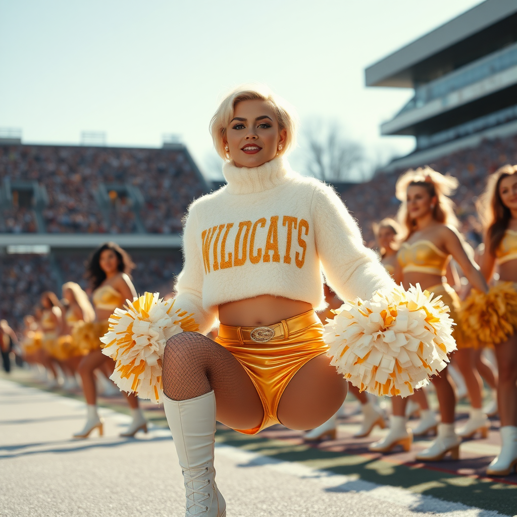 Sunny cold fall noon, college football stadium game, cheerleaders squat: Ana, European 17 years old very convincing femboy “QB’s trophy-bimbo,” tamed servile docile, very beautiful feminine flawless face, rather short boyish figure, platinum blond short tight curls, bold red lips, heavily made-up face, wearing cropped chunky fluffy very fuzzy bright white plushy mohair turtleneck-sweater with “gold “WILDCATS” letters, vinyl gold short shorts, mesh pantyhose, white vinyl thigh-high boots with golden heels, large gold-white pompoms, pearl earrings, pearl belly piercing, striking pearl tongue piercing, dancing cheering loud.