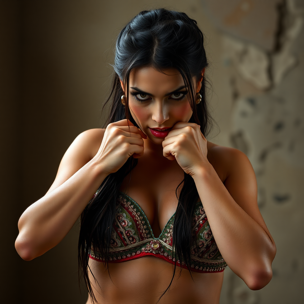 A real-life attractive belly dancer staring intensely at the viewer, grim, gritty, and in high definition. Her arms are up, and she is sniffing her armpit.