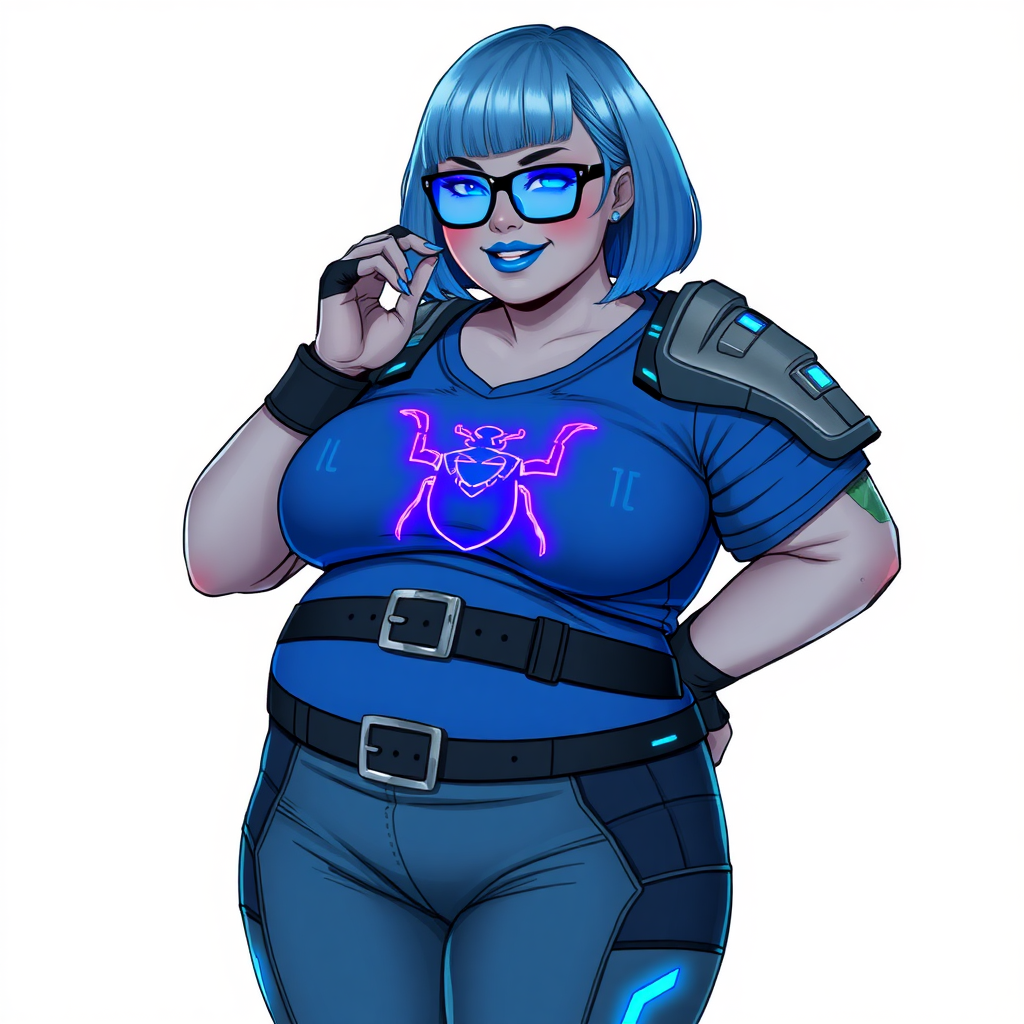 A 28-year-old, full-figured, metallic light neutral gray (N7) skinned computer program hybrid with a maximum blue bob cut. She has a non-athletic build, highlighted by a prominent, round, large midsection (with full emphasis on her large belly), which shows the effects of her love of junk food acquired from her boyfriend. As the full-figured, nerdy, digital sidekick to her cyberpunk vigilante boyfriend, her metallic light neutral gray skin and maximum blue lipstick (5PB 5/12) emphasize her digital nature. Her skin has a subtle, animated glow, with digital patterns occasionally flickering across it, making her digital nature obvious. She wears a digital, computerized costume, consisting of a huge, tight-fitting, maximum blue t-shirt (5PB 5/12) with a neon blue glowing chest icon of a beetle, hi-tech shoulder pads with neon blue accents, a black hi-tech belt with a digital neon blue glowing buckle, digital maximum blue biker pants (5PB 5/12) with neon blue accents, and black hi-tech fingerless biker gloves with neon blue glowing accents. Her neon blue glowing eyes, black eyeglasses with neon blue glowing lenses equipped with a built-in HUD, and bashful smile with neon red blush accentuate her nerdiness. She stands bashfully with one hand behind her back and the other hand gently touching her cheek, her costume covering all her skin and fully emphasizing her full-figured physique (especially her large belly). She is clearly non-athletic, with a full focus on her full-figured physique. Despite her build, she radiates beauty. She has a slim face compared to her physique, accentuating her radiant beauty. She is on a solid white background. She is drawn as if she were in a retro 2D cyberpunk fighting game.