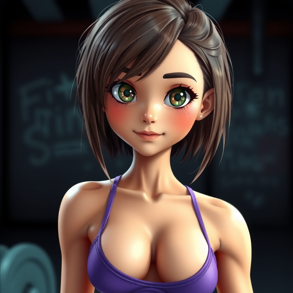 Animated AI porn style image, cute fit brunette girl, short hair, gym, sweaty, highly detailed, masterpiece, professional photo, extreme details, high resolution, hdr