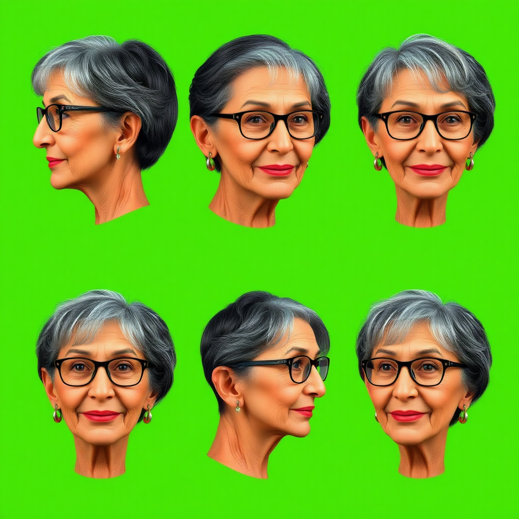 Photorealistic image of six headshots of a 55 Years old, European, Latina, sharp aquiline nose, wrinkles, high cheekbones, Middle Eastern, Skinny, Tanned skin, Dark light skin, full Makeup, jewelry, Serious face, Sharp nose, frowning, smiling, dark grey Ash hair, short bowl haircut, Brown eye color, Glasses, with detailed features. Each photo displays the same face in profile and front view, cut out and isolated on a green background. All six heads are visible side by side, empty space around each view, no overlapping.