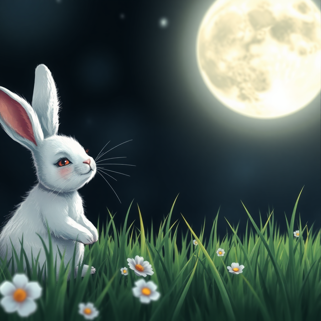 On the grass, a white rabbit with a pair of red eyes was enchanted by this magical singing; it closed its eyes and seemed to see the scenery on the moon.