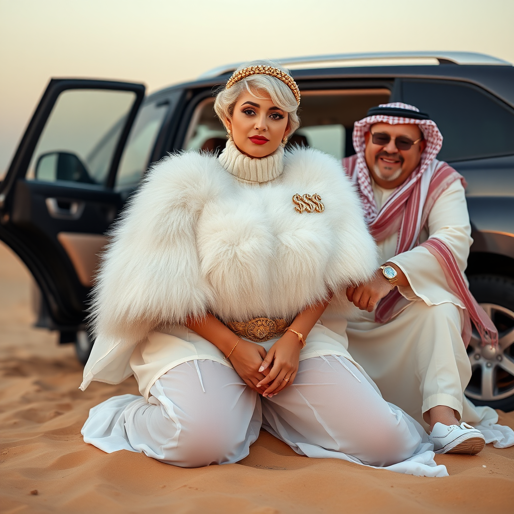 Kuwait desert dunes misty dawn, full size luxury SUV: Melissa, European 17 years old very convincing femboy “trophy-bimbo”, tamed servile docile, very beautiful feminine flawless face, rather short, by hormones very curvaceous womanly figured, platinum blond short tight curls, bold red lips, heavily made-up face, wearing Supertanya-style fluffy very fuzzy bright white angora turtleneck-poncho cropped ending under bust decorated with pearls and gemstones, striking oriental wide gold bridal protection belt, white fully transparent harem pants, full Oriental bridal jewelry with striking headpiece, full Oriental face-jewelry, striking diamond “$$$” letter brooch on left chest, pout frustrated, hands tied behind back, kneeling in sand in front of SUV, looking at camera. Focus on face and turtleneck-poncho. Sitting next embracing Melissa: older overweight mighty sheik laughing.