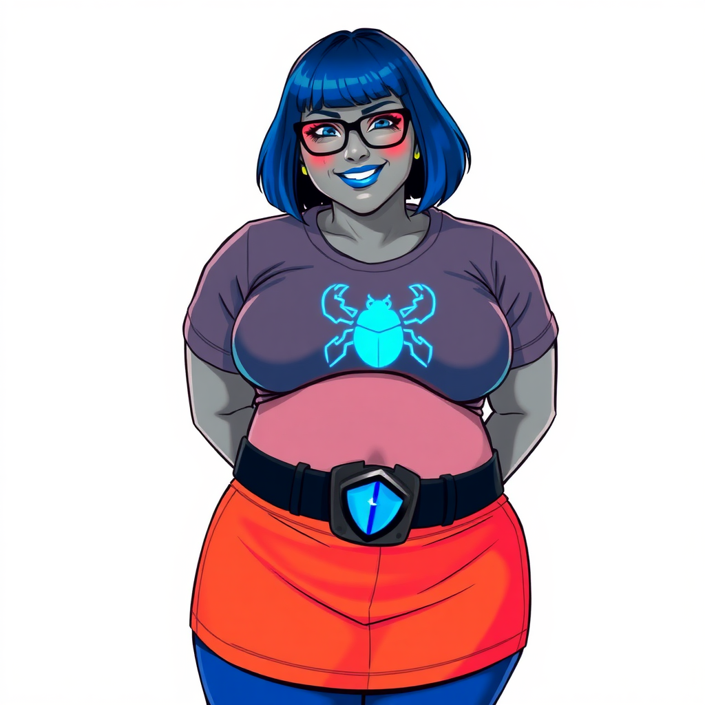 A 28-year-old, full-figured, middle gray metallic-skinned computer program-human hybrid with a maximum blue bob cut. She has a non-athletic build, highlighted by a prominent, round, midsection. As a digital sidekick, computer hacker, and nerdy girlfriend to her cyberpunk vigilante boyfriend, her middle gray metallic skin and maximum blue lipstick emphasize her digital nature. She wears a costume consisting of a tight-fitting, maximum blue t-shirt (that accentuates her figure especially her belly) with a neon blue beetle chest icon, a black belt with a sapphire scarab buckle, maximum blue pants, and black gloves. Her bright blue eyes, black eyeglasses, and lovestruck smile with neon red blush accentuate her nerdiness. She stands bashfully with her hands behind her back, her costume covering all her skin. Her full-figured physique is fully emphasized and clearly not that of an athletic person. She is on a solid white background. She is drawn as if she was in a retro 2D cyberpunk fighting game.