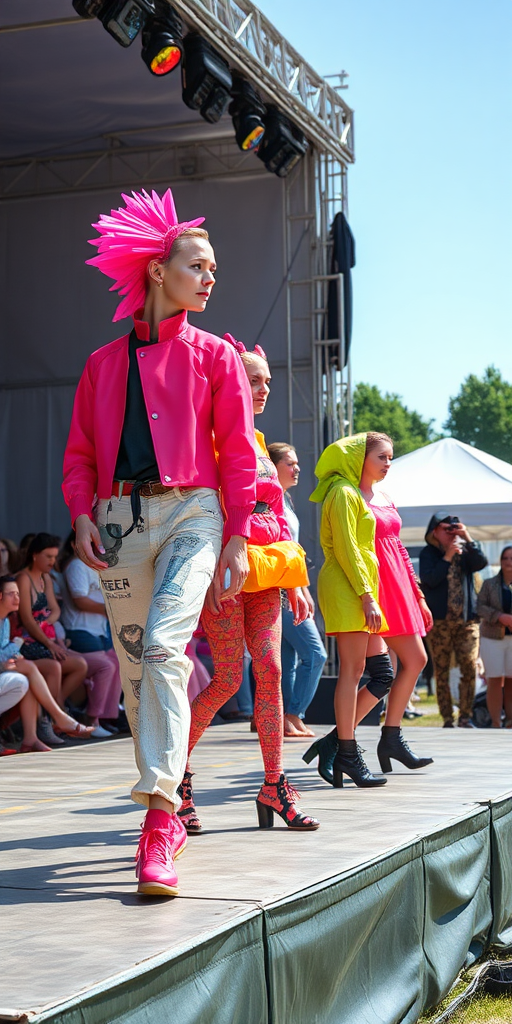 an outdoor fashion show on a temporary stage - models wearing brightly colored futuristic designs made of rubber, recycled fabrics, repurposed consumer goods, etc.