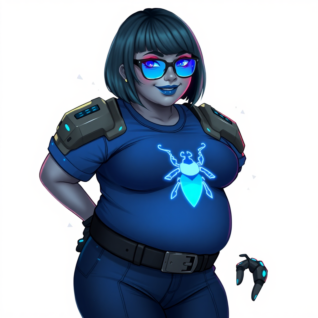 A 28-year-old, full-figured, metallic middle gray (N5) skinned computer program hybrid with a maximum blue bob cut. She has a non-athletic build, highlighted by a prominent, round, large midsection (with emphasis on her belly), which shows the effects of her new love of junk food acquired from her boyfriend. As the full-figured, nerdy, digital sidekick to her cyberpunk vigilante boyfriend, her metallic middle gray skin and maximum blue lipstick (5PB 5/12) emphasize her digital nature. Her skin has a subtle, animated glow, with digital patterns occasionally flickering across it, making her digital nature obvious. She wears a digital, computerized costume, consisting of a huge, tight-fitting, maximum blue t-shirt (5PB 5/12) with a neon blue glowing chest icon of a beetle, hi-tech shoulder pads with neon blue accents, a black hi-tech belt with a digital neon blue glowing buckle, digital maximum blue biker pants (5PB 5/12) with neon blue accents, and black hi-tech fingerless biker gloves with neon blue glowing accents. Her neon blue glowing eyes, black eyeglasses with neon blue glowing lenses equipped with a built-in HUD, and bashful smile with neon red blush accentuate her nerdiness. She stands bashfully with one hand behind her back and the other hand gently touching her cheek, her costume covering all her skin and emphasizing her full-figured physique (especially her belly). She is clearly non-athletic, with a focus on her full-figured physique. Despite her build, she radiates beauty. She has a slim face compared to her physique, accentuating her radiant beauty. She is on a solid white background. She is drawn as if she were in a retro 2D cyberpunk fighting game.