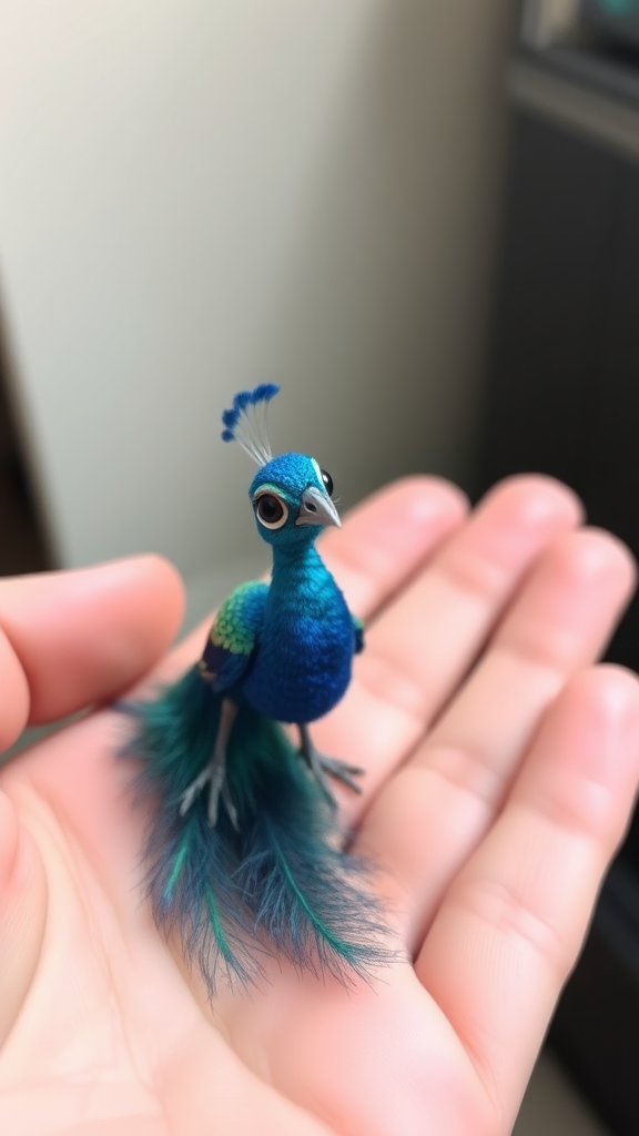 A small tiny cute big eyes big tail real blue dancing peacock on hand