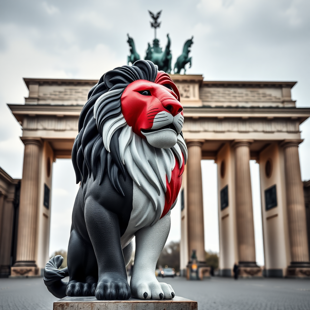 A lion in black, white, and red stands in front of the Brandenburg Gate.