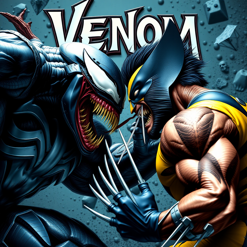 On a comic book cover is Venom Vs Wolverine in Cinematic Real3d photo-realistic quality.