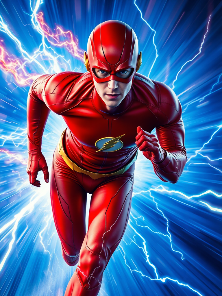 Grant Gustin's Flash sprints at blinding speed through the Speed Force, the vibrant energy of the dimension swirling around him in vivid, cinematic visuals. His figure streaks through an ultra-detailed landscape of electric blue lightning arcs, crackling across the screen as the Speed Force warps reality around him. The intricate details of his red suit gleam under the otherworldly cinematic light, with every seam and muscle contoured in photorealistic clarity. His face, focused and determined, cuts through the storm of light and distortion as he pushes his limits, leaving behind a trail of vibrant, glowing lightning in his wake.