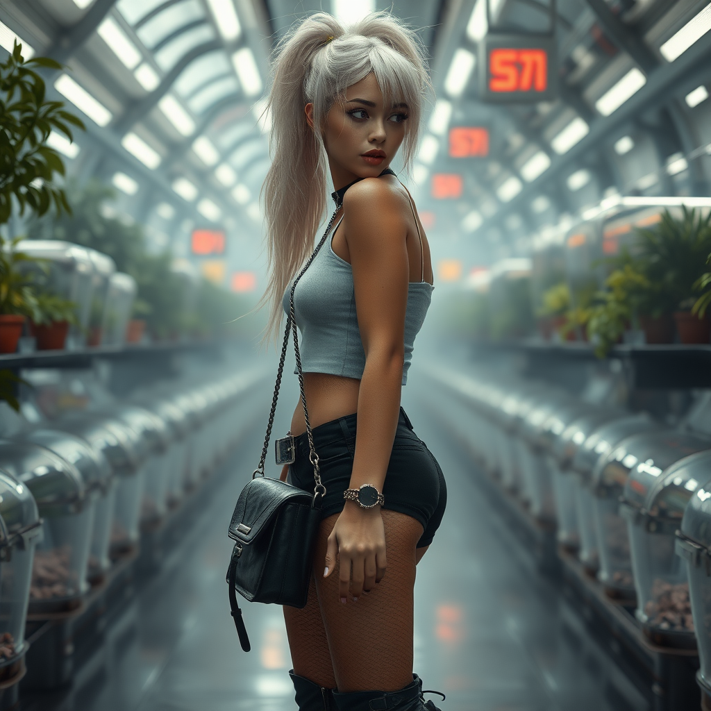 A full body shot of pretty girl like (ana de armas). pale, freckles, eyeliner, messy long white hair in a ponytail. crop top, cyberpunk 2077, space station, crop terrarium, high heel ankle boots, collar, purse and jewelry. lips slightly parted. Photorealistic digital matte painting, soft focus, film grain, lens flare. she is walking away from camera.