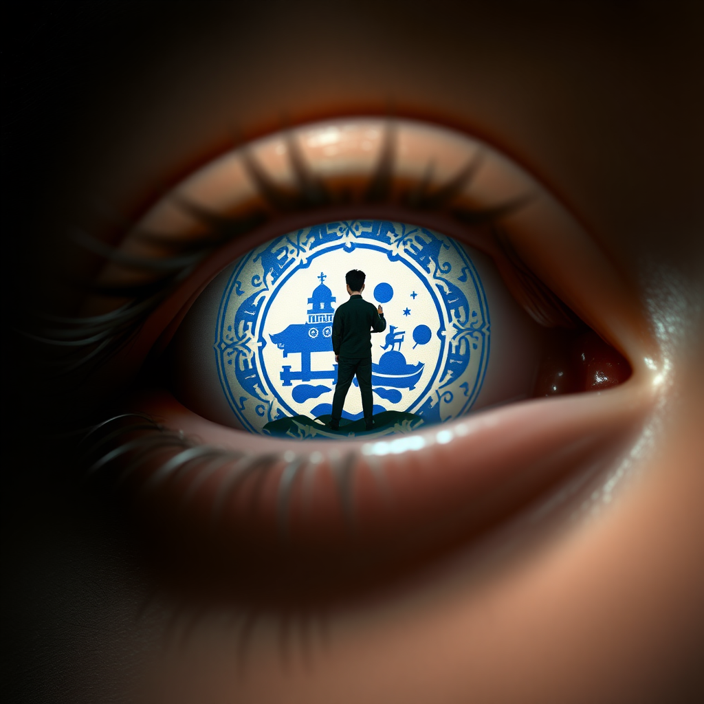 A close-up of eyes with lenses, The eye lens with traditional blue and white design, Chinese blue white design with a miniature man, trying to jump inside the lens looking like well. The composition emphasizes the eyes and its design, dark backdrop, with focused lights, looking up.