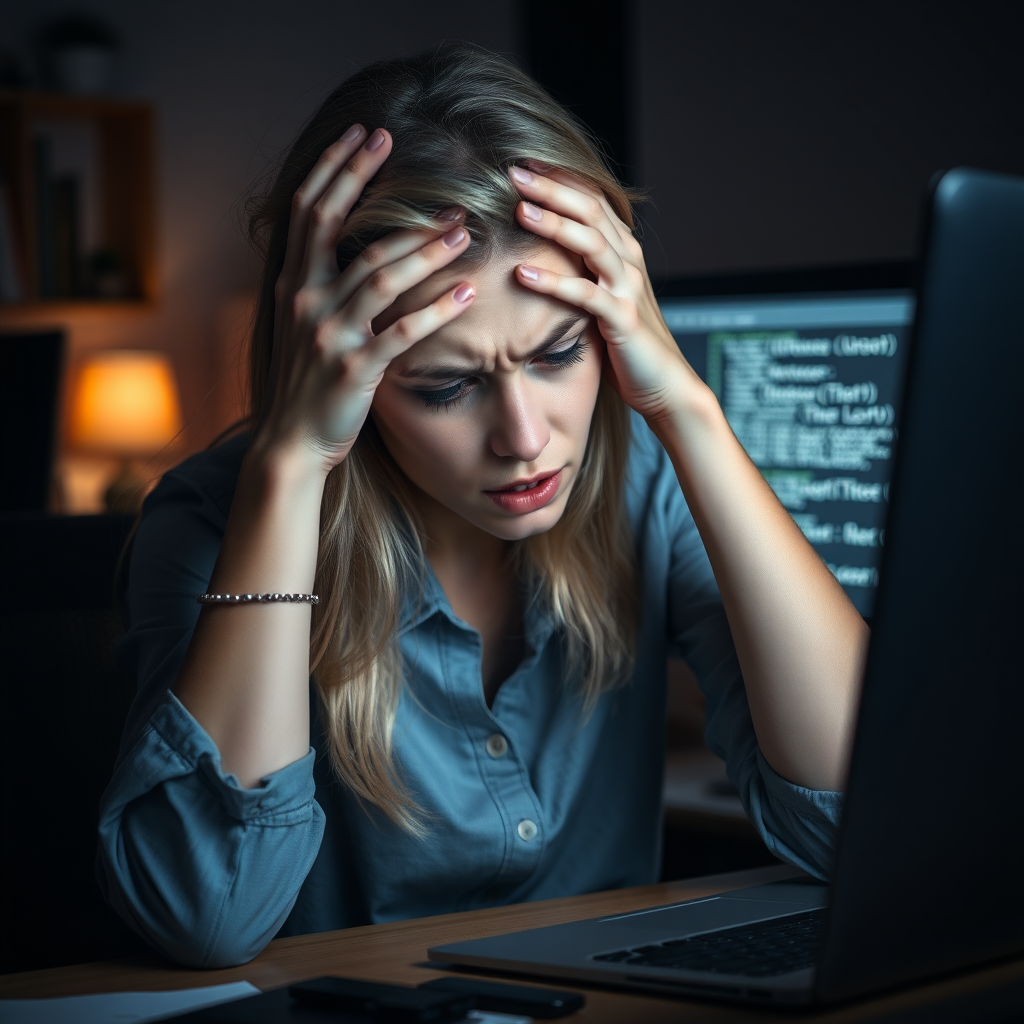 Create a foto realistic scene of a desperate young nice blonde girl sitting in front of a computer. Her posture should reflect frustration, with her hands either on her face or gripping her head. Her surroundings are a typical home or office workspace, with dim lighting adding to the tense and stressful mood. The computer screen could show error messages, glitches, or something causing her distress. The woman's expression should be a mix of anxiety, exhaustion, and despair, with subtle attention to facial details like furrowed brows or clenched jaws.