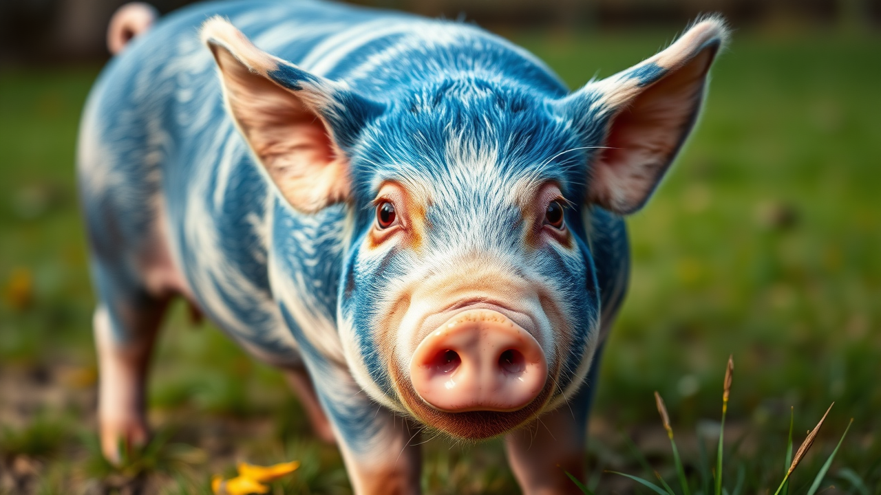 photo, red-eyes blue pig, full body