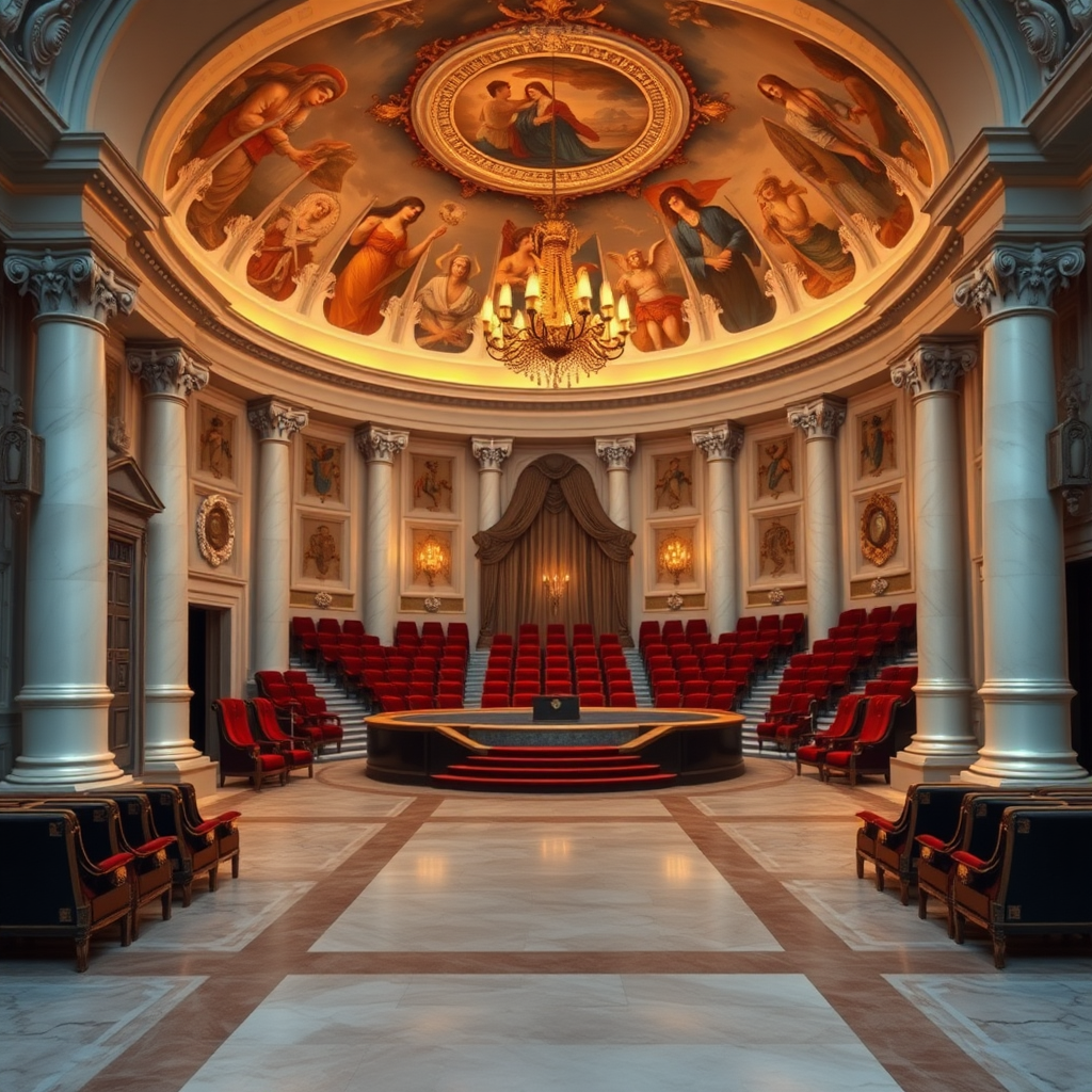 The Auction House at the Sanctuary of Serenity is a prominent building located at the center of the Sanctuary grounds, distinct from the training halls and living quarters. A wide stone path leads to its ornate double doors, which are decorated with silver and mother-of-pearl. The façade features intricate carvings depicting the history of Omegas.

Inside, the grand foyer has polished marble floors and white alabaster pillars supporting a vaulted ceiling painted with frescoes of famous Omega pairings. Beyond the foyer is the main auction chamber, a large circular room with ascending rows of plush seating made from velvet and mahogany, all facing the central platform known as the Dais of Pairing. This platform is illuminated by a chandelier that casts a golden light over the chamber.

The Dais of Pairing is the focal point of the Auction House, where Omegas present themselves to prospective Alphas. The Dais is finely crafted with silver-gilded edges. The chamber doors close with a resonant thud as the auction begins, with Matron Serenity addressing the gathered Alphas and guests from a podium next to the Dais.