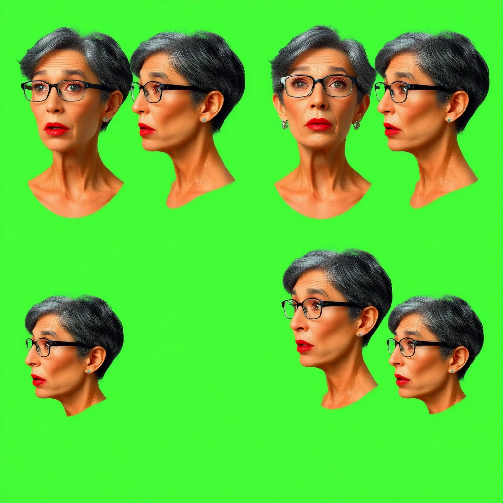 Photorealistic image of six headshots of a 50 Years old, fit, European, Latina, sharp aquiline nose, wrinkles, high cheekbones, Middle Eastern, Skinny, Tanned skin, Dark light skin, full Makeup, jewelry, Sharp nose, exaggerated expression, surprised, astonished, delighted, mouth open, dark grey Ash hair, short bowl haircut, Brown eye color, Glasses, with detailed features. Each photo displays the same face in back, profile and front view, cut out and isolated on a green background. All six heads are visible side by side, empty space around each view, no overlapping.