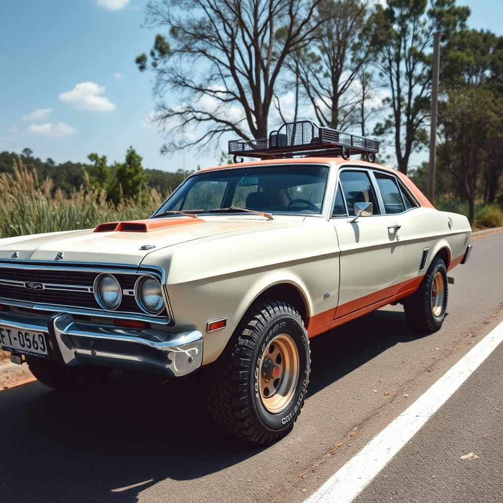 Ford Falcon the 4x4 car is parked on the side of the road, inspired by Taiyō Matsumoto, tumblr, restomod, nd4, c4