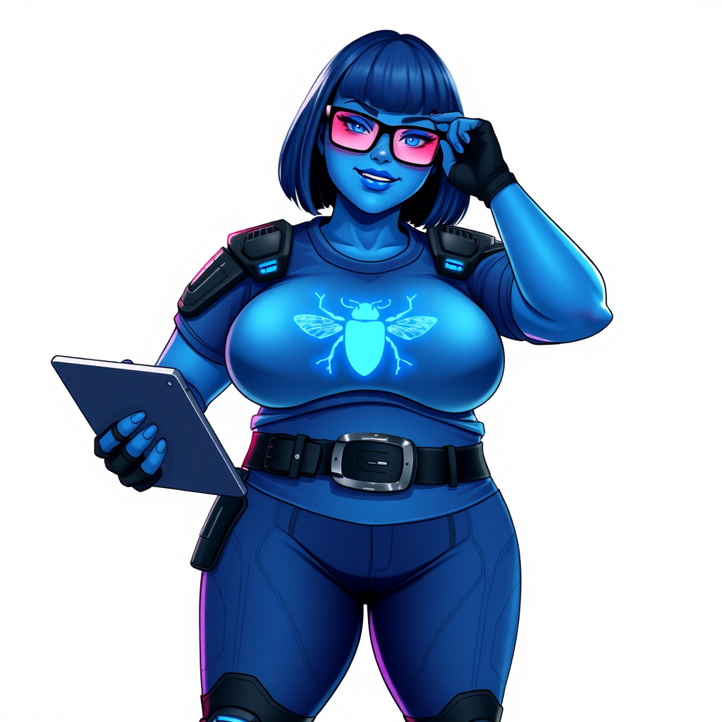 A 28-year-old, full-figured, metallic maximum blue (5PB 5/10) skinned computer program hybrid with a maximum blue bob cut. She has a non-athletic build, highlighted by a prominent, round, large midsection (with emphasis on her round belly), which shows the effects of her love of junk food acquired from her boyfriend. As the full-figured, nerdy, digital sidekick to her cyberpunk vigilante boyfriend, her metallic maximum blue skin and maximum blue lipstick (5PB 5/12) emphasize her digital nature. Her skin has a subtle, animated glow, with digital patterns occasionally flickering across it, making her digital nature obvious. She wears a digital, computerized superhero costume, consisting of a massive, tight-fitting, maximum blue t-shirt (5PB 5/12) with a neon blue glowing chest icon of a beetle, hi-tech shoulder pads with neon blue accents, a black hi-tech belt with a digital neon blue glowing buckle, digital maximum blue biker pants (5PB 5/12) with neon blue accents, and black hi-tech fingerless biker gloves with neon blue glowing accents. Her neon blue glowing eyes, black eyeglasses with neon blue glowing lenses equipped with a built-in HUD, and bashful smile with neon red blush accentuate her nerdiness.

She stands with a shy, slightly hunched posture, one hand nervously adjusting her glasses while the other clutches a digital tablet close to her chest. Her pose reflects her intellectual curiosity and slight social awkwardness, much like Sci-Twi. Her costume covers all her skin and emphasizes her full-figured physique (especially her round belly). Despite her build, she radiates beauty. She has a slim face compared to her physique, accentuating her radiant beauty. She is on a solid white background. She is drawn as if she were in a retro 2D cyberpunk fighting game.