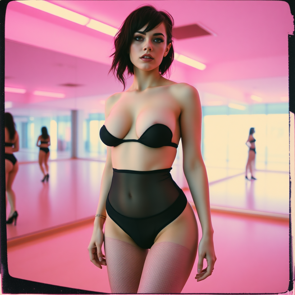 old polaroid photo with heavy vignetting and pink and blue artistic studio lighting color tint and light leak, depicting a sexy curvy thicc pale white alt goth woman with eye makeup, wearing a tiny revealing black see thru bikini gstring thong with a small outline of her labia and nipples visible, standing in a dance studio made entirely of mirrors