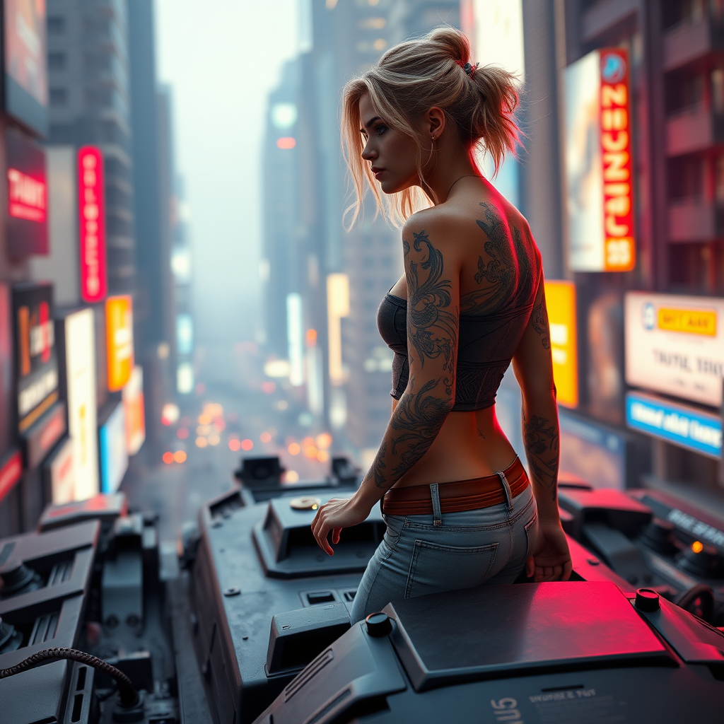 A distance shot of a woman like Ana de Armas (young, tattoos, athletic, strawberry blonde hair) standing on top of a battlemech inside a modern neon city.