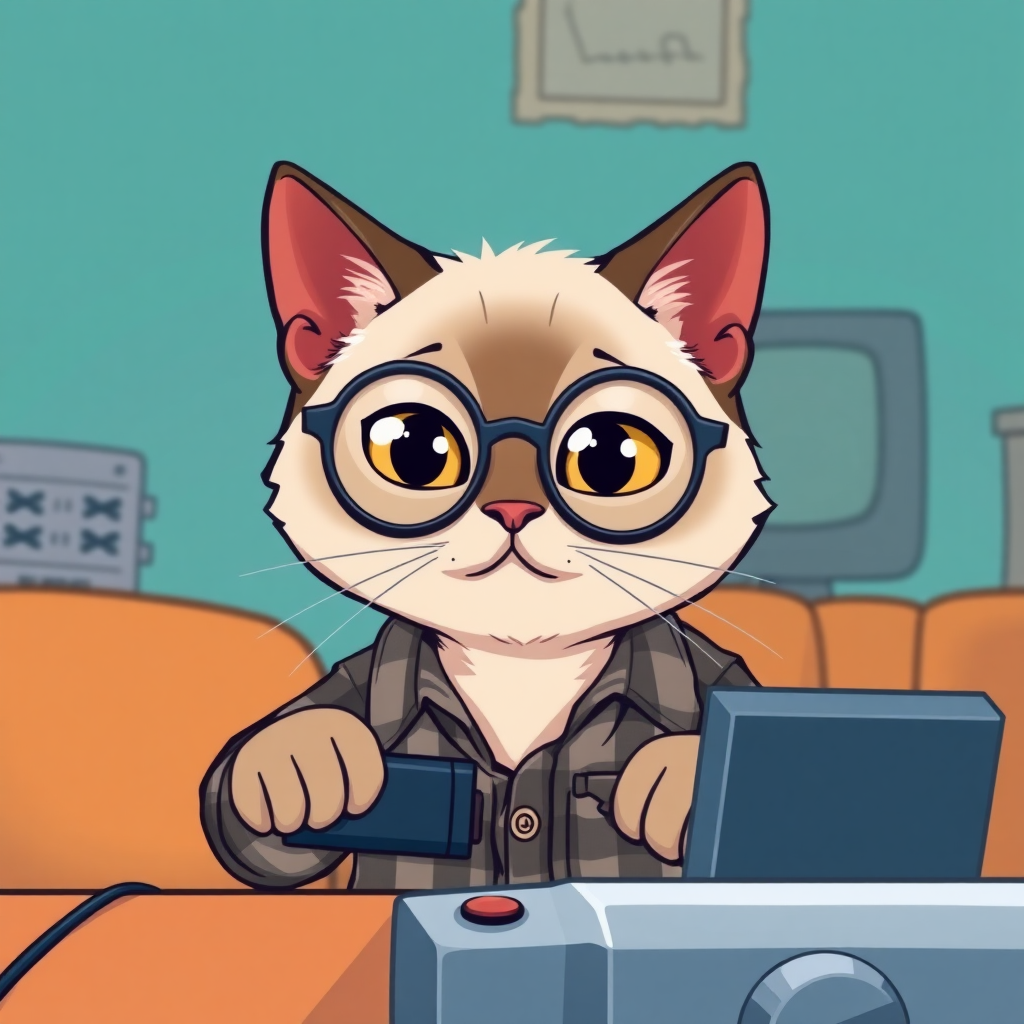 A Siamese cat playing a video game with semi-round glasses and a lumberjack shirt in a cartoon style.