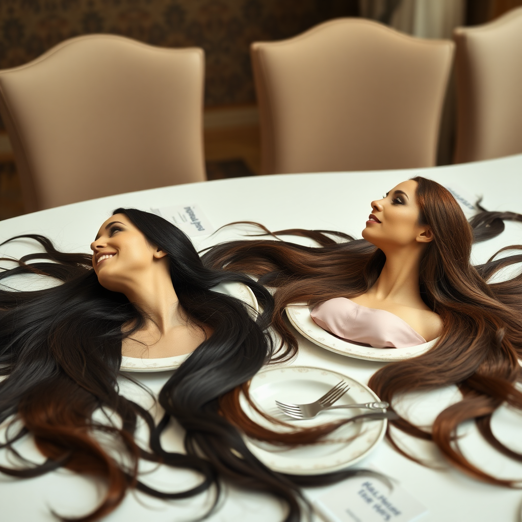 Surreal image of the disembodied heads of very long haired Meghan Markle and Kate Middleton served on plates. Their beautiful hair spread out all over the table.