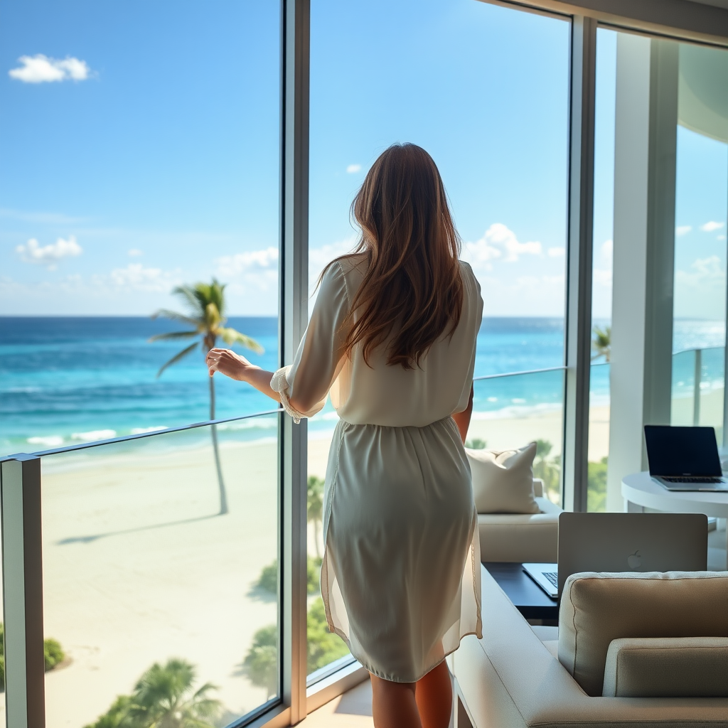 In this photograph, Sofia stands on the balcony of her luxurious Ritz apartment, her back to the camera as she gazes out at the serene South Florida beach. She’s dressed in a light, stylish outfit—a flowing blouse or chic summer dress that moves gently in the warm ocean breeze. Her long hair cascades down her back, subtly swaying, adding to her graceful and composed posture.

The balcony offers a breathtaking view of the sunlit beach below. The soft, golden sand stretches along the coast, while the turquoise waters sparkle under the bright Florida sun. Palm trees dot the horizon, swaying gently, and the clear blue sky above is dotted with only a few wispy clouds. Sofia rests one hand on the sleek glass railing, her stance relaxed yet confident, a picture of quiet success as she enjoys the peaceful beauty of the beachfront.

Behind Sofia, half of her luxurious apartment is visible, blending the interior elegance with the stunning outdoor scenery. The modern, high-end furniture reflects understated luxury, with plush seating, polished surfaces, and tasteful décor in neutral tones. The apartment is bathed in natural light pouring in from the large glass doors, creating a bright and inviting atmosphere. A laptop or tablet might be seen on a nearby coffee table, hinting at her recent profitable investments and showcasing charts or reports of her financial growth—reinforced by the expert management of her property by VIAC.

The mix of indoor and outdoor elements highlights Sofia’s successful lifestyle: the luxury of her beachfront apartment, the tranquility of the view, and the fruits of her business acumen. Though her face remains unseen, her confident body language tells a story of a woman who has not only achieved financial success but also found balance and contentment in her surroundings. The scene is one of aspiration, elegance, and the rewards of hard work and smart investments.