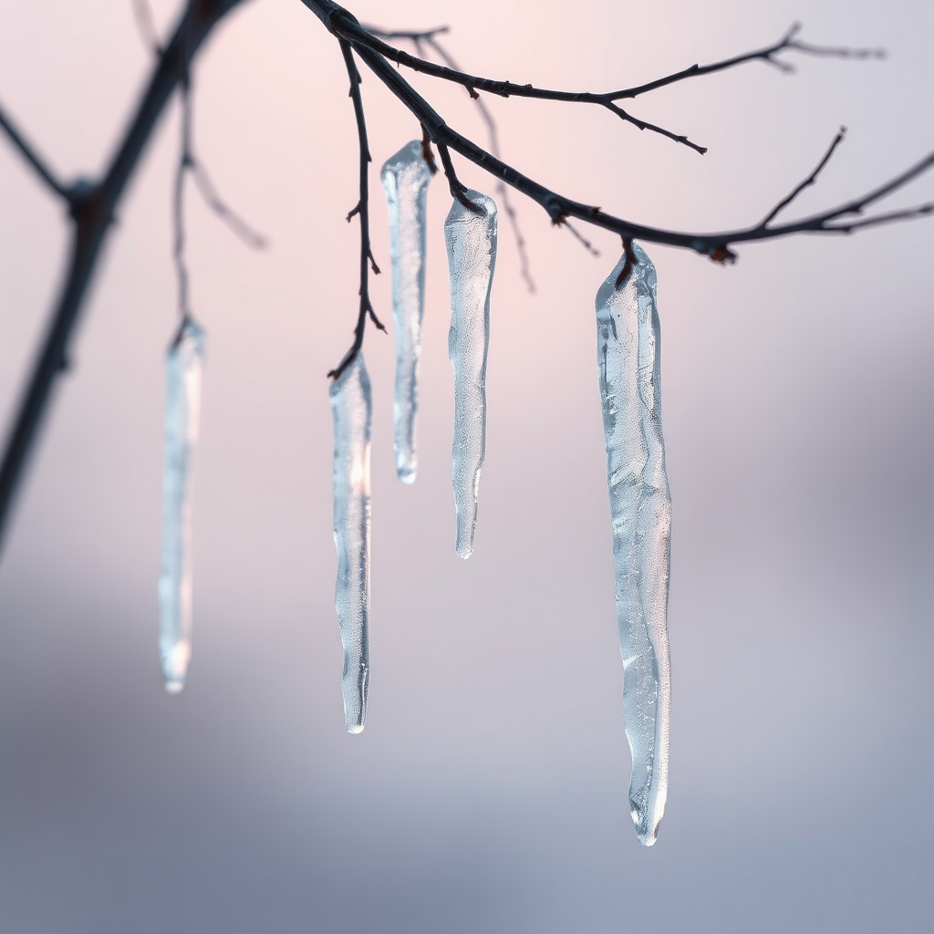 You can see delicate and sparkling icicles hanging from thin and emaciated branches up close. This scene captures a serene winter atmosphere with a soft and muted background transitioning from pale pink to cool gray, evoking tranquility. The ice forms are rendered with surreal detail, highlighting crystal-like clarity and intricate shapes. The branches are dark and textured, contrasting with the translucent ice. Soft light reflects off the icicles, creating a captivating interplay of light and shadow. The overall aesthetic combines elements of calm and chill, leading the viewer into a peaceful winter moment.