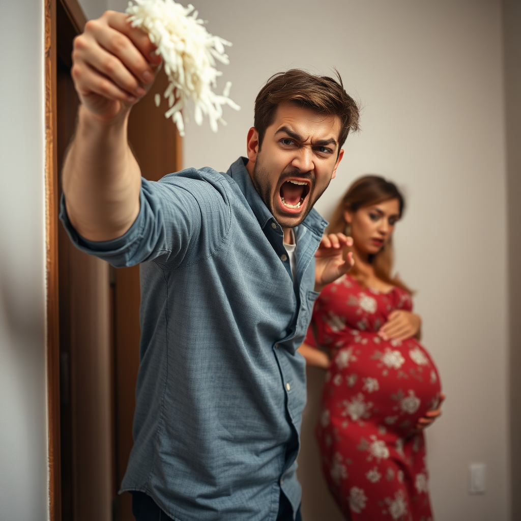 An angry, young, Caucasian man throwing rice at the wall. His pregnant wife is in the background, cowering in fear.