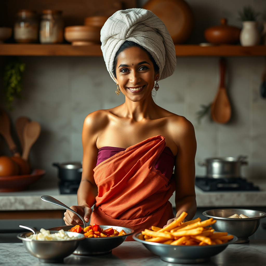 slim, 40 year old, traditional indian wife, towel head, cooking food in kitchen