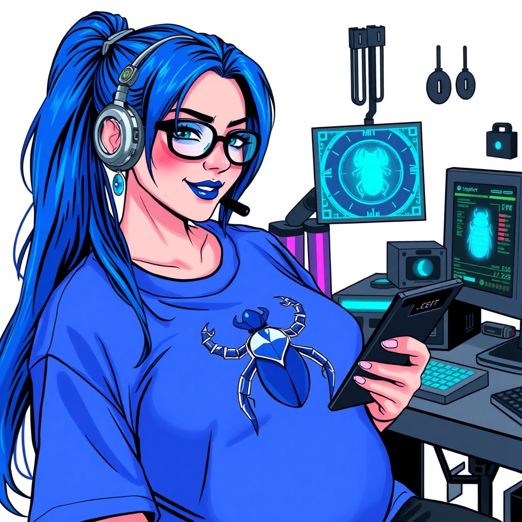 A cyberpunk vigilante’s full-figured intelligent and tech-savvy 28-year-old girlfriend, who is a computer hacker and tech genius. She has a long maximum blue ponytail. She wears maximum blue lipstick, blue eyes, a sapphire beetle gemstone necklace, sapphire earrings, black eyeglasses, and an oversized maximum blue t-shirt featuring a blue sapphire gemstone crusted chest icon of a beetle. She has a full-figured physique with a prominent, massive, round belly, reflecting her well-cared-for lifestyle. She sports a sapphire headset with a hi-tech maximum turquoise lensed HUD, and a shy smile with a neon red blush. She serves as his tech expert from his hideout, diligently working at her workbench and computer desk, while holding an electronic wrench and a holographic computer tablet. The background is solid white. She is drawn as if she was in a retro 2D cyberpunk fighting game. Ensure her maximum blue t-shirt covers her belly.