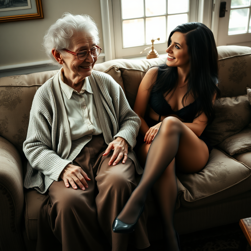 In a scene viewed from an angle and slightly above: In an old-fashioned English living room, a very small, frail and thin, very elderly English lady with a kind smile, short, thinning white curly hair, wrinkled face, neck and skin, wearing thin framed glasses, an old cardigan, blouse and long skirt is sitting on a sofa with her younger self - an English woman about 30 years old, WITH LONG DARK HAIR, WEARING lingerie with stockings and suspenders and high heels, SITTING close next to her on the same sofa, with HER LEGS CROSSED. Her expansive thighs shimmering in the nylon. They are looking at each other and smiling.