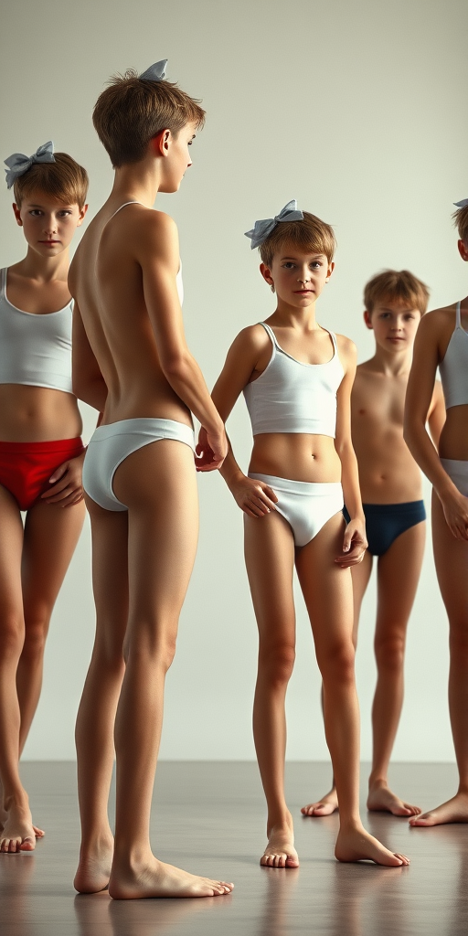 photorealistic, ultra high resolution, 16K, group of skinny teen boys wearing crop thin tank top, tight ballet briefs, long legs, bare thighs, long hairs bow cut. Full length view. Vintage photo,