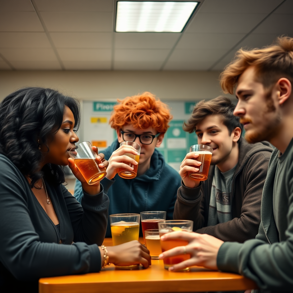 A Black woman with wavy hair, a curly red-haired guy, a brown-haired guy, and a non-binary person all drinking together in a classroom at school.