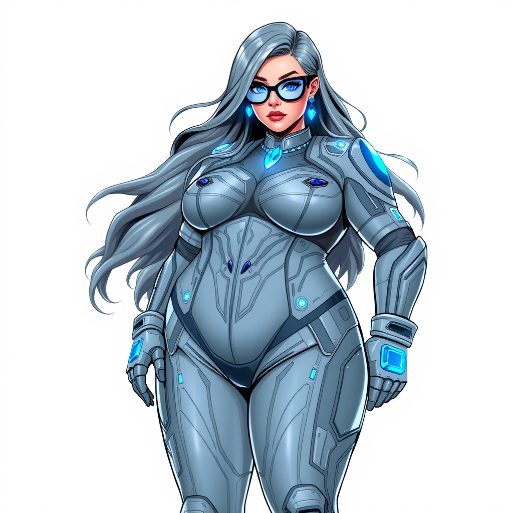 A 29-year-old computer science major, she is the devoted girlfriend of a vigilante and serves as his dotingly pampered, full-figured, nerdy digital sidekick. She is now a Computer Program hybrid, with a unique, metallic Middle Gray (N5) skin color that blends with her suit and hair, appearing to merge together as computer data. Her long hair, suit, and skin are all Middle Gray (N5) blending to appear to merge as computer data. Her neon blue eyes are mesmerizing. Her full figure, especially her prominent round midsection, shows just how heavily fed and pampered she is, with sequoia-sized limbs and broad shoulders.

As a loyal and supportive sidekick, she plays a crucial role in their missions, using her digital prowess to assist and protect. She wears a blue sapphire scarab necklace and blue sapphire earrings, which she received as symbols of their love before his 5-year disappearance. Her digital and computerized biker suit, also Middle Gray (N5), blends with her skin and hair (appearing to merge together like computer data). She is equipped with high-tech features, including holographic displays and integrated hacking tools. She has matching high-tech gloves. She emits neon blue data cubes from her body, set against a solid white background.

Heavily, attentively, and immensely pampered through being well-fed since their reunion, her full figure clearly shows the extent of care she has received. Despite her digital enhancements, she retains her human vulnerabilities, including hunger and sleep, and is not immune to human weaknesses. She has the ability to hack into computers and machines, and her nerdiness is blatantly obvious with her black oversized eyeglasses. Her full figure, especially her gargantuan midsection, is prominently displayed and heavily emphasized. Her outfit, influenced by DC’s Jennifer Knight Phantom Lady, remains distinct.

Despite her boyfriend’s limited resources, she assists in the war on crime by serving as a minicomputer, traveling in a high-tech wristwatch and supercar’s computer system. Using her hacking abilities, she relays crucial knowledge related to missions. She is drawn as if she was in a retro 2D cyberpunk fighting game.