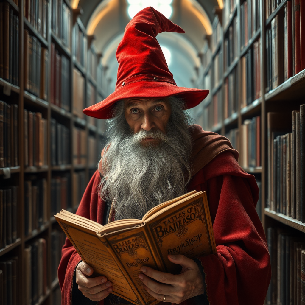 An old male wizard looking at camera in a red pointed hat walking through a library while reading from an old book titled "Tales of Brajkaisop"