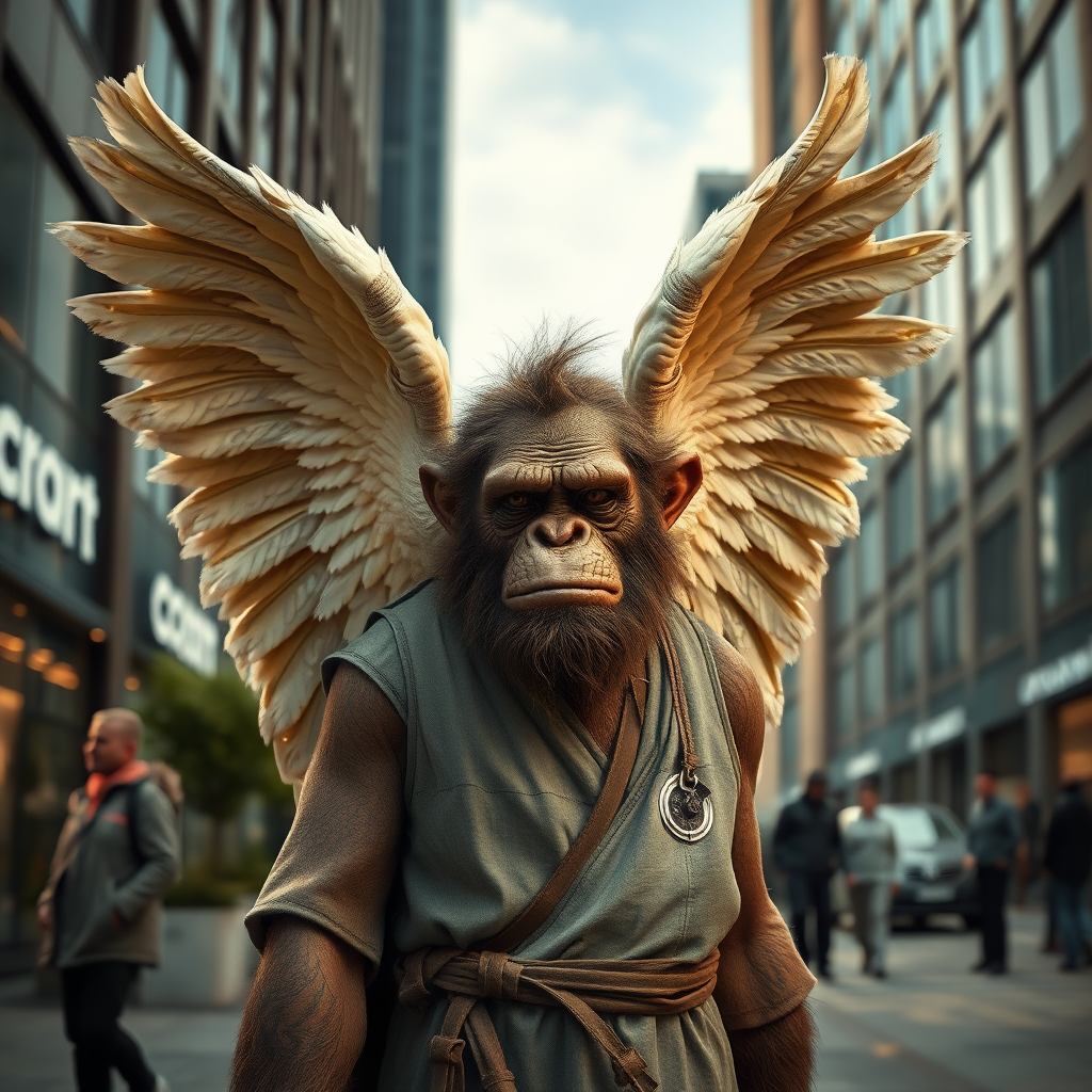 A friendly wise Neanderthal angel in modern dress living in a modern city among us. Photorealistic please