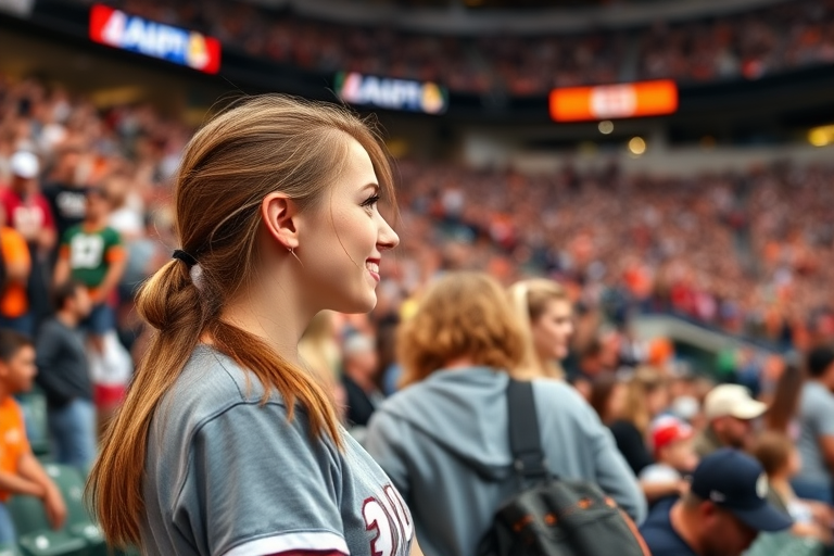 Attractive female NFL fan, pigtail hair, talking with friends, inside crowded bleachers, NFL stadium