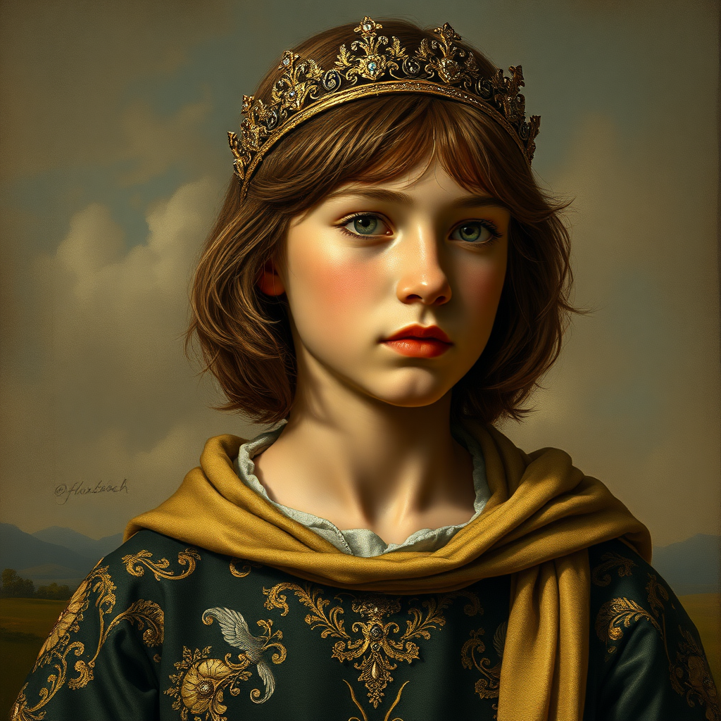 16yo teen boy prince, 40% skinny, long bob cut, embroidered with gold and diamonds medieval cloths, diamond diadem and Beautiful War, natural Skin Texture, skin tanned and rough like a Boy Scout, visualization of embossed Skin using the play of light and shadow. Free style by 20% Adolphe William Bouguereau, Academic realism and 15% Sandro Botticelli, early Renaissance and 65% Otto Lomüller, Boy Scout photorealism, The background is in the style of landscape style by Antonio del Polaiolo. Generating the signature at the bottom: FluxBach. ultra high resolution, 16K,