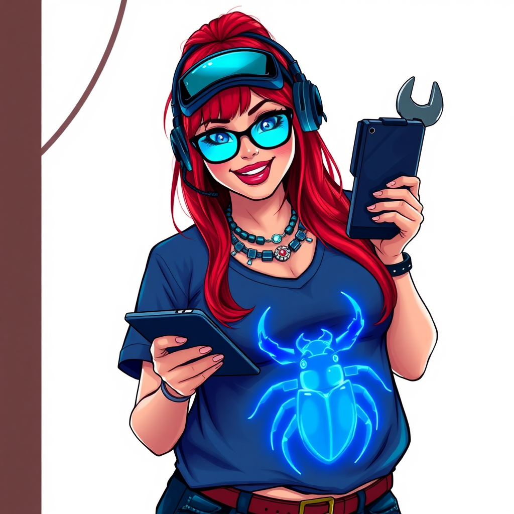 A cyberpunk vigilante’s full-figured intelligent and tech-savvy 29-year-old girlfriend, who is a computer hacker and tech genius. She has a long ruby red ponytail and bright blue eyes. She wears a sapphire beetle gemstone necklace, and an oversized Maximum Blue (RGB 71, 171, 204) t-shirt featuring a giant neon blue glowing icon of a beetle on its chest. She has a full-figured physique with a prominent, gargantuan, round midsection, reflecting her well-cared-for lifestyle. The midsection is heavily emphasized. She sports a sapphire headset with hi-tech Maximum Blue (RGB 71, 171, 204) lensed HUD visor, Maximum Blue (RGB 71, 171, 204) lipstick, black eyeglasses, and a beaming smile with a passionate bright red blush. Despite her figure and a lack of self-esteem, she radiates an air of beauty. She has an angular face which contributes to her radiant beauty. She serves as his tech expert from his hideout, holding a holographic tablet and a hi-tech tool wrench. The background is solid white. She is drawn as if she was in a retro 2D cyberpunk fighting game. Make sure her shirt covers her round midsection.