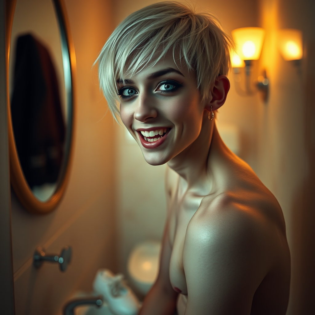 photorealistic, ultra high resolution, 16K, surreal fantasy, studio lighting, a pretty 16 year old goth boy, slim male physique, short blonde hair, goth makeup, earrings, pantyhose, white ballet shoes, in the bathroom, excited smile, facing the camera, drooling from his mouth