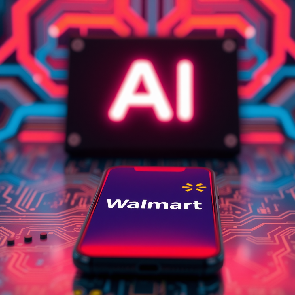 A modern digital illustration of a smartphone displaying the Walmart logo, with a neon "AI" sign in the background, set against a blurred circuit board pattern. The image is highly detailed, featuring vibrant colors and soft lighting, with a slight futuristic tech aesthetic. Shot in medium focus with a shallow depth of field, using a Nikon Z camera.